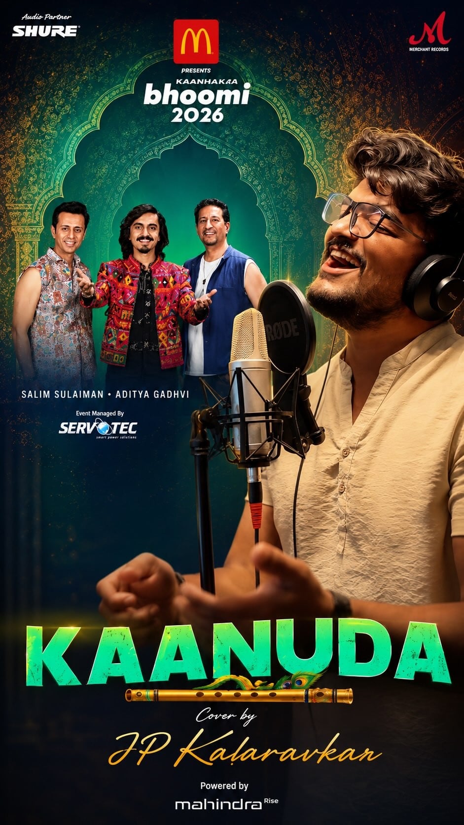 Cover art for JP Kalaravkar’s version of Kaanuda: JP singing into a studio microphone in headphones